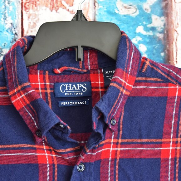 Men's Chaps Performance Button Up Plaid Flannel Shirt Long Sleeve XLARGE Red - Picture 3 of 11